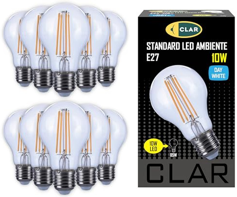 CLAR - Bombilla Filamento LED E27, Bombillas Decorativas, Bombilla Vintage, Bombilla LED E27 Vintage, 10W 4000ºK (Pack 10)