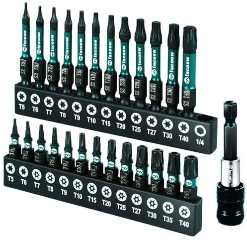Facoow Torx-Bit-Set (T5-T40), 26-teiliges Sicherheits-Torx-Bit-Set mit magnetischen Spitzen, manipulationssichere Stern-Bit-Set, S2-Stahllegierung, 2,5 cm und 5,1 cm langes Schlagdrehmoment-Bit-Set