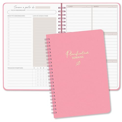 BIROYAL Agenda hebdomadaire non daté - Format A5 - Planning hebdomadaire avec liste de tâches - Large zone de notes - 52 feuilles en français - Couverture rigide