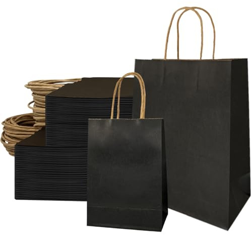 Lot de 50 Sac Papier Kraft Noir avec Poignée Sacs Kraft Sac Emballage Sac Cadeau Grand Format Pour Anniversaire Mariage Thanksgiving Noël, Shopping, Emballage, Sacs à Emporter 21x8x15cm, 27x11x21cm
