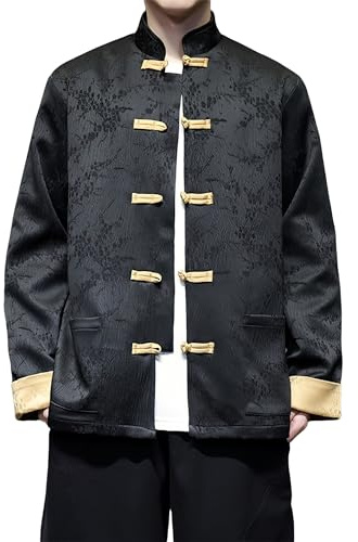 WQHANFU Tang Suit Men Jacket Chinese Hanfu Traditional Tang Suit for Men Kung Fu Shirt Uniform Long Sleeved Tops(Black-1,5X-Large)