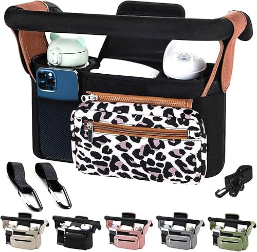 HINATAA Sac organisateur pour poussette, sac organisateur poussette bébé avec porte-gobelet isolé et sangle pour l'épaule, pour couches et jouets, poussette de bébé avec 2 crochets (léopard)
