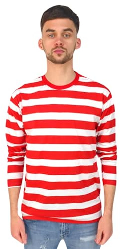 Camiseta de manga larga para hombre, color rojo y blanco, a rayas, informal, clásica, horizontal, Rojo/Blanco, L