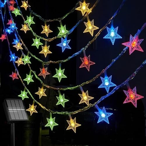 Horing Star Shape Solar String Lights 50 LED - Outdoor Waterproof Fairy Lights for Garden, Fence, Patio, Lawn, Yard & Wedding Decor - Multicolor Solar Powered with Stakes & Mounting Bracket