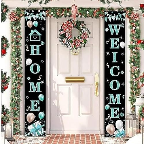 Zfseyuh Cartel de bienvenida a casa, cartel de bienvenida, decoración de bienvenida para el hogar, pancarta azul bienvenida para casa, casa familiar, fiesta, decoración de inauguración de la casa, 180