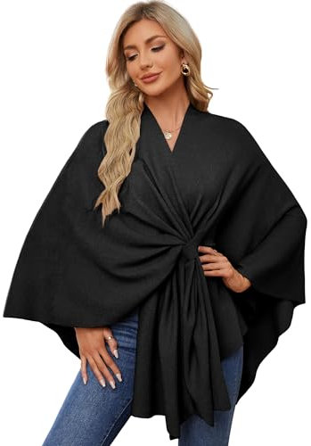 PULI Damen Elegant Poncho Strick Ponchos Capes Vorne öffnen Vielseitige Schalwickel mit Lasche Schwarz