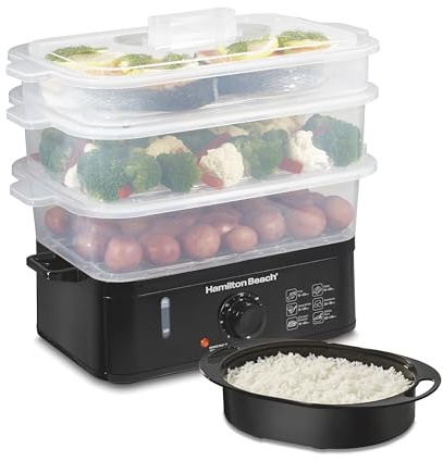 Hamilton Beach Electric Food Steamer, Rice Cooker & Egg Boiler for Quick, Fast Healthy Cooking with Stackable Three-Tier Bowls for Vegetables and Seafood, 9.5 Quarts, Auto Shutoff, Black (37430)