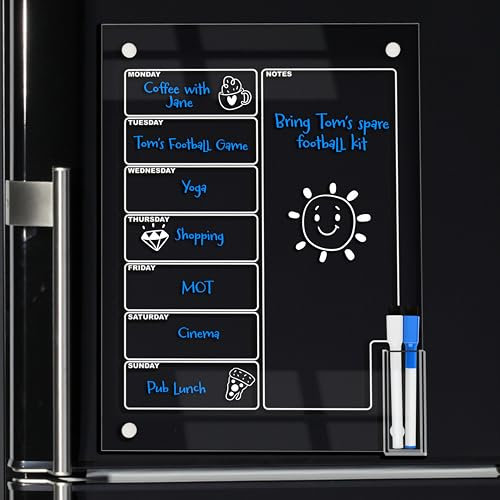 Magnetic Fridge Planner by Acrylic Hub. 15.7x11.8x1.1 Fridge Meal Planner Board with Built in Pen Holder. Clear Acrylic Magnetic Calendar for Fridge, Weekly Planner Magnetic with 2 Pens.