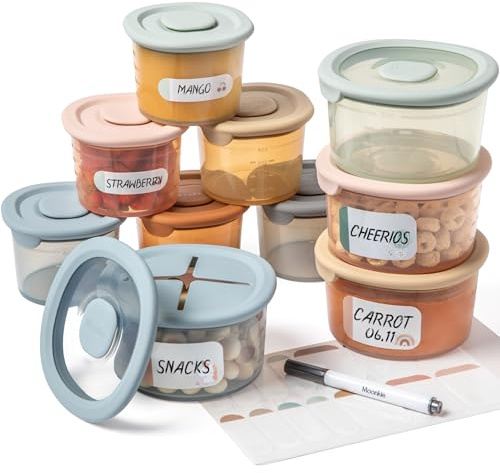 Moonkie Barnmatsburkar | 10-pack Babygrötbehållare | Silikon Behållare för Barnmat | Små Avvänjningsskålar | Mellanmålsburkar för Småbarn | 100% Förseglad | Graderad | Mikrovågsugn och Frys