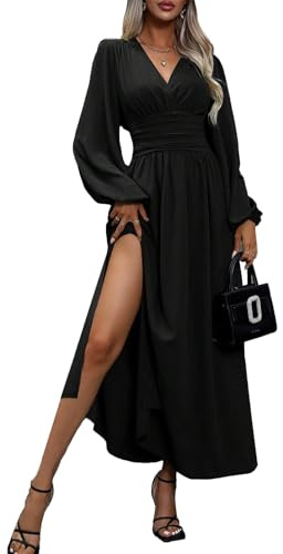 JENJON Femme Robe Col V Elegant Manches Longues Taille Haute Plissée Elastique Maxi Robes Casual Solide Cassique de Manche Lanternes