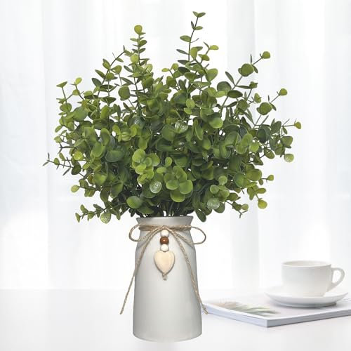 Artificial Eucalyptus Plant in Ceramic Vase with Heart Charm Décor - Realistic Greenery for Home and Office, Modern Rustic Design