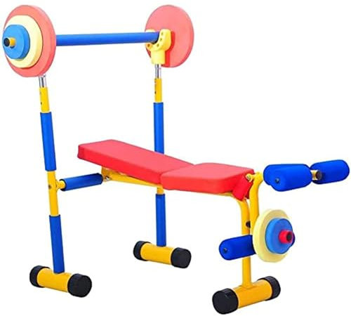 Hantelbänks-set för barn, fitnessträningsutrustning nybörjare barn småbarn inomhus utomhus sport med benpress och skivstång lämplig för barn i åldern 3 till 8 år