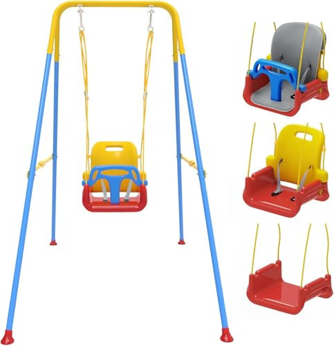 Columpio para bebé para exteriores con cojín suave, plegable con soporte de metal para interior y exterior, fácil de montar y guardar para jugar en el jardín