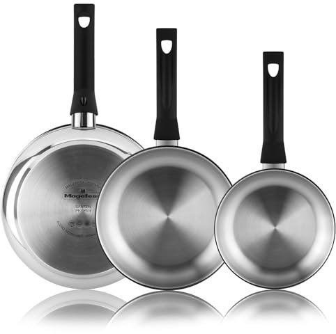 Magefesa Essencial Inox - Set Padelle Argentate 18 + 24 + 26cm, Acciaio Inossidabile, Senza Rivestimento Né Antiaderente, Ecologiche, Induzione