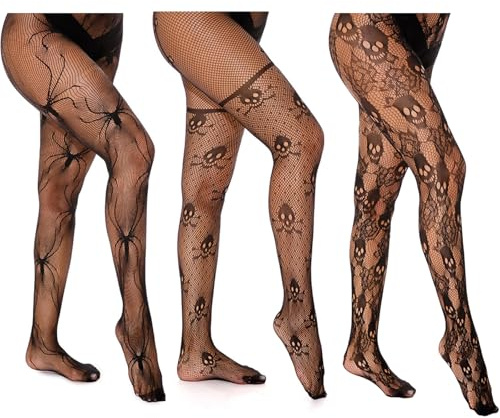 Vxcvzv set om 3 nätstrumpbyxor för damer, Halloween: Spindlar skelett hög midja, mesh – 3 motiv svarta