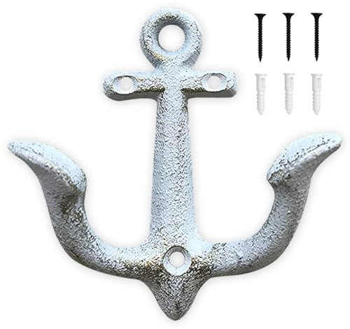 Notakia Ganci da parete vintage in ghisa a forma di ancora nautica, ganci decorativi da parete, per spiaggia, casa, lago, casa o bagno, decorazione rustica nautica (bianco, 1 confezione)