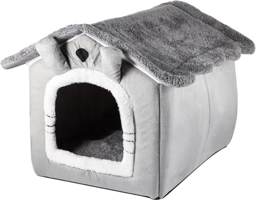 FERNVALE Indoor Dog House Bed – Plush Cave Bed 40×39×35cm, Breathable Sponge & Arctic Fleece, Removable Cushion, Warm Soft Grey