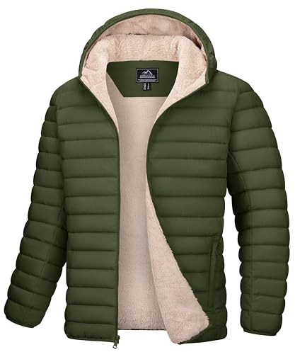 MAGCOMSEN Winter Jackets for Men Puffer Padded Quilted Sherpa Fleece Lined Coat Warm Casual Hooded Jacket,Army Green,M