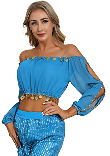 Hansber Costume di Danza del Ventre per Donna Parte Superiore Senza Midriff Camicia per Danza Top Senza Spalle Tunica Blusa con Monete Frange Abito Azzurro Cielo Taglia Unica