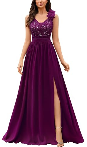 MIUSOL Women's Vintage V-Neck Sleeveless Sequined Lace Split Wedding Formal Evening Maxi Dress