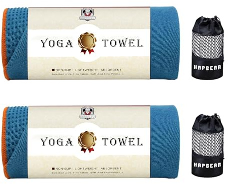 HAPBEAR Lot de 2 Serviettes Yoga 183 x 61 cm,Antidérapantes pour Tapis–Bleu | Microfibre avec Picots Silicone,Séchage Rapide,pour Hot Yoga,Pilates,Salle de Sport & Bikram
