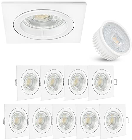 linovum 10 Stück flache Einbau Spots LED Set weiß quadratisch inkl. 4W LED Modul neutralweiß wechselbar - Einbautiefe 36 mm