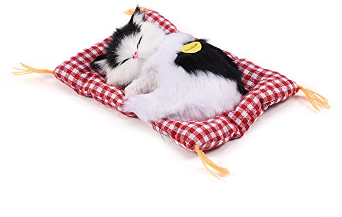 Simulation de Sommeil en Peluche Chat avec Son Doux Tapis de Couchage en Peluche Chat poupée décoration de la Maison Populaire pour Enfants en Bas âge(Noir + Blanc)