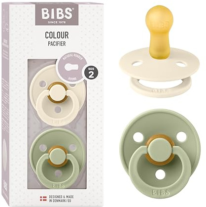 BIBS Colour Soother 2-Pack, BPA Free Dummy Pacifier, Round Nipple. Natural Rubber Latex, Size 2 (6-18 Months), Ivory/Sage