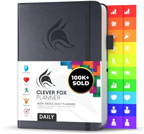 Agenda quotidien Clever Fox - Le meilleur agenda et calendrier quotidien pour stimuler la productivité, le bonheur et atteindre vos objectifs - Organisateur - A5, non daté - Argent Noir
