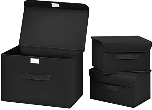 DIMJ 3 Pack Foldable Storage Boxes with Lids - Collapsible Storage Bin with Handle, Fabric Storage Basket Organiser Box for Wardrobe, Closet, Shelf, Office (Black)