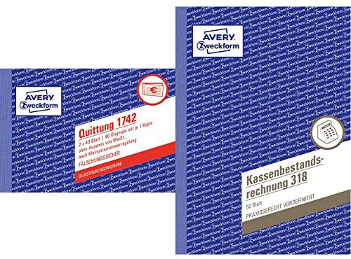 AVERY Zweckform 1742 Quittungsblock Kleinunternehmer (A6 quer, 2x40 Blatt, mit Durchschlag, fälschungssicher, ohne MwSt.) weiß/gelb & 318 Kassenbestandsrechnung, weiß, 1 Stück