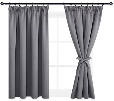 DWCN Grey Blackout Thermal Insulated Curtains for Bedroom Pencil Pleat Curtains 54 Drop with Tiebacks for Living Room 46 x 54 Inch Length, Grey, 2 Panels