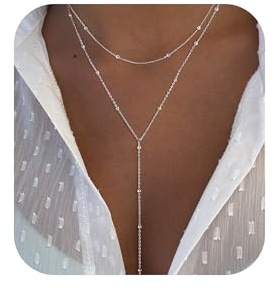 Picuzzy Silver Necklace for Women, Dainty Silver Plated Layered Necklaces for Women Trendy Lariat Beaded Long Necklace Simple Jewelry Gift