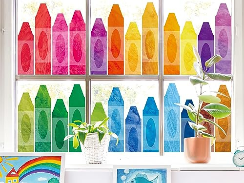 Whaline 9 Sheets Back to School Crayon Window Clings Watercolor Double-Sided Window Stickers Colorful Crayon Windows Decals for Classroom Home Glass Blackboard Decor