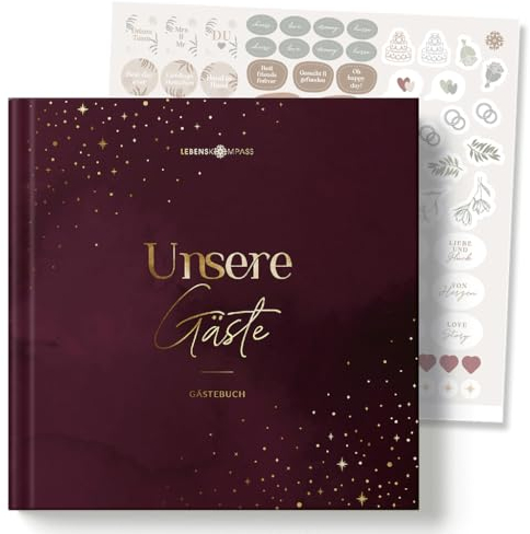 Lebenskompass® Gästebuch Hochzeit AMOUR Hochzeitsbuch mit interaktiven Seiten zum ausfüllen & inklusive Sticker - Stabiles Hardcover mit Goldveredelung