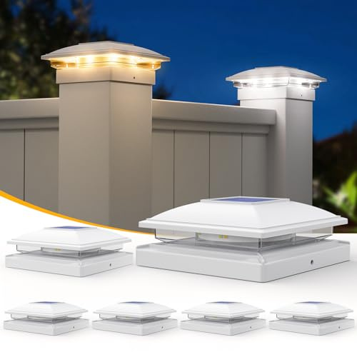 APONUO Solar Post Cap Lights - 6 Pack Outdoor Waterproof for 4x4, 5x5, 6x6 Posts, 2 Modes Warm/Cool Light, Solar Powered Fence/Deck/Patio Decor, White