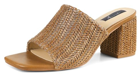 Ancomafio Women's Heeled Sandals Raffia Heels Square Open Toe Sandals Backless Mules Slip On Block Sandals Brown Size 7