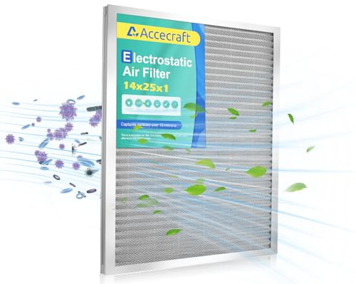 Accecraft 14x25x1 Electrostatic Air Filter, Washable & Reusable Aluminum AC/HVAC Furnace Filter, MERV 8, Lasts a Lifetime, Healthier Home or Office(Actual Size: 13.5x24.5x0.86)