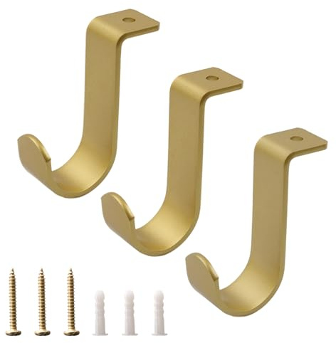 Shonmogar Ceiling Curtain Rod Brackets 3 Pack Metal Curtain Rod Holders with Screws,Curtain Rod Ceiling Mount Bracket for 1 Inch Rod, Sturdy Curtain Rod Hooks for Home Office Patio, Gold