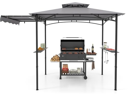 COSTWAY 2.5M (8ft) Grill Gazebo, Fire Resistant Waterproof Outdoor BBQ Shelter with 2 Side Shelves, Hooks and Bottle Opener, Double Tiered Grill Canopy for Patio Party Garden (with Side Awning)