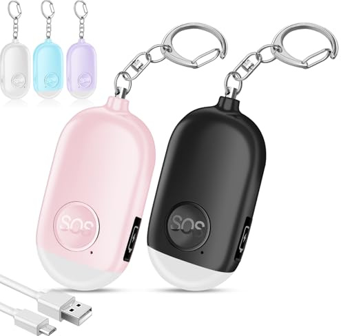 Hion Safe Personal Alarm for Women,2 Pack Rechargeable 130dB Police Approved Rape Rope Alarm with LED Flashlight Self Defense Keychain,Panic Attack Safety Alarm for Girl Kid Elderly(Pink & Black)