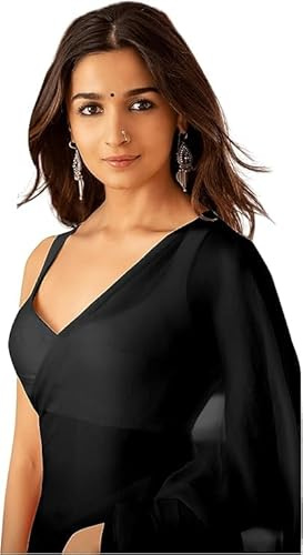 Accessorize Kingdom Women's Plain Pure Georgette Saree With Unstitched Blouse Piece Perfect for Weddings, Parties, and Special Occasions, (Rocky Aur Rani Ki Prem Kahani Alia Bhatt Saree)