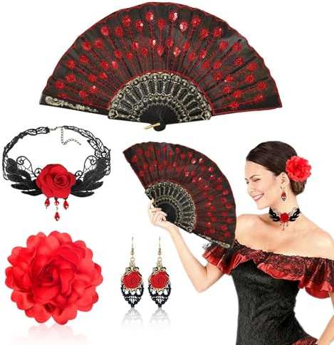 FOUNSHO 4 st rosblomma, flamenco-tillbehör för kvinnor, flickor, broderade paljetter, vikbara fläkt-kragörhängen, rosblomma, hårklämma, spansk dansare, kostym för damer, 1920-tal, maskeradklänning