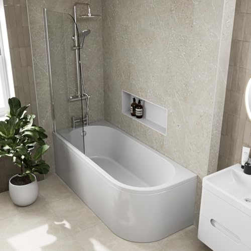 Baystone® 1700 x 725mm Single Ended J Shaped Shower Bath Tub with Side Panel & Screen White Gloss Acrylic Luxury for Bathroom Corner Modern - Left Hand