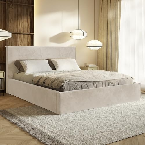 MOTIVENA Boho Bett 180x200 Beige Samt, mit Stauraum, mit Kopfteil, mit Lattenrost, ohne Füße, ohne Matratze, Polsterbett 180x200 mit Bettkasten Beige (Creme)