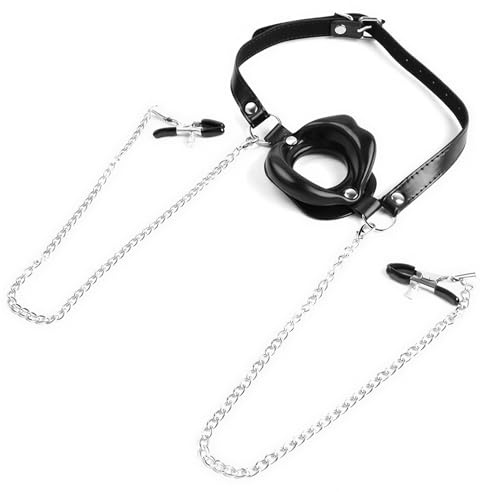Sex Bondage for Women, Adjustable Mouth Gag, Nipple Clamp Set, Leather, Steel Chained Bondage Gear for Sensory Play, Couples, BDSM Beginners