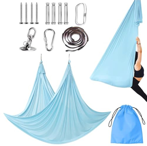 Ranjima Aerial Yoga hängmatta set 150 x 200 cm, Aerial Yoga Swing bärförmåga Yoga Fitness Set monteringsmaterial för inomhus Antigravity Yoga Fitness avkoppling träning stretching, blå