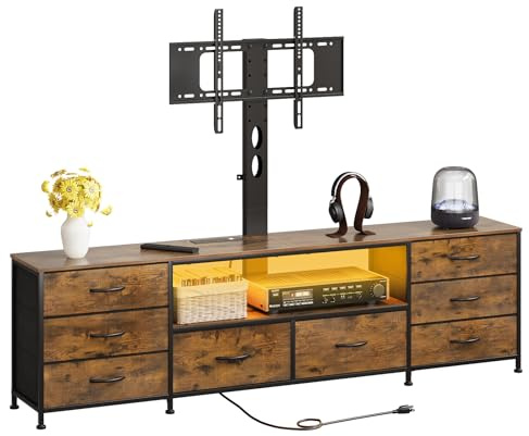 VEDECASA Mueble de TV con soporte y regleta de 180 cm con 8 cajones de tela e iluminación LED, armario de TV industrial con espacio de almacenamiento para televisores de 32 a 80 pulgadas, color marrón