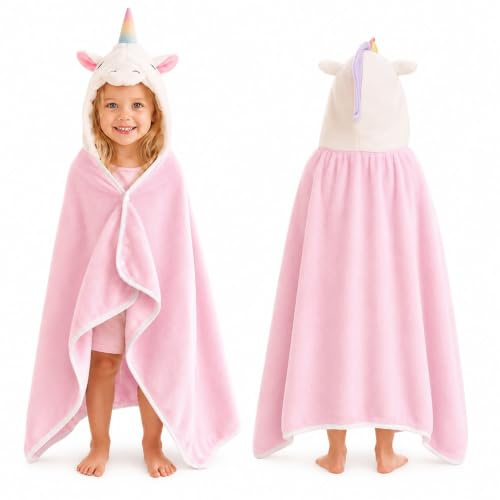 Ranedo Girls Unicorn Hooded Towel Gift for Kids Age 3–8 Years, Pink Kids Towel Poncho 130 x 70 cm, Soft Absorbent Poncho Towel with Adjustable 2-Button Closure, Kids Beach Towel for Swimming and Pool