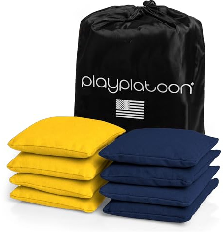Play Platoon Weather Resistant Cornhole Bags - Set of 8 Regulation Corn Hole - Navy Blue & Yellow - Durable Duck Cloth Corn Hole for Tossing Game, Includes Tote Bag
